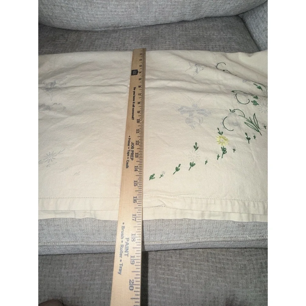 Vintage Hand Made Part Embroidered Stamped Tablecloth Flowers Bird 33 x 35